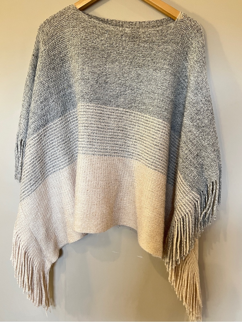 Ombre Gray & Cream Fringe Knit Poncho Sweater - Picture 4 of 5